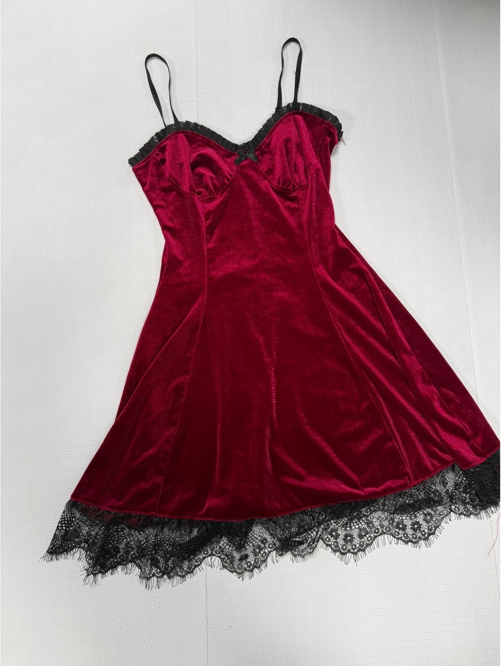 Women’s Burgundy Red Velvet Black Lace Slip Mini Dress Chemise Large Coquette